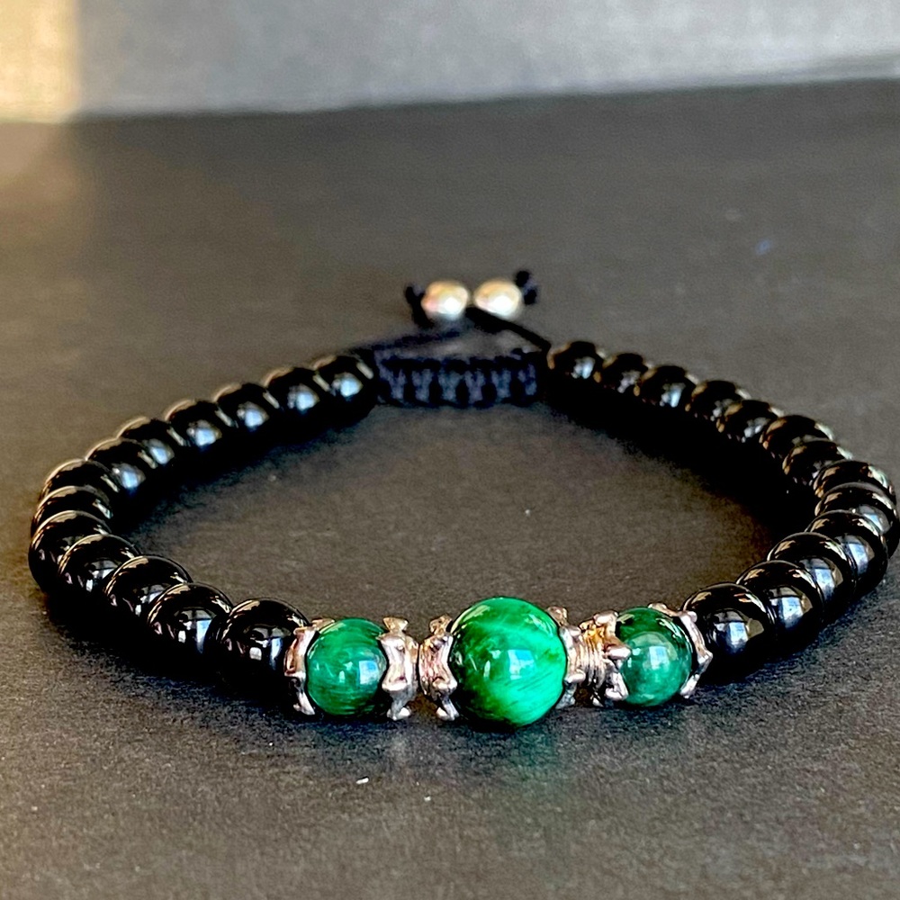 Men Green Tiger Eye Black Onyx Bracelet Adjustable beaded Cord - Picture 2 of 4
